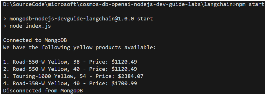 The console output shows the response from the LangChain agent based on the user input.