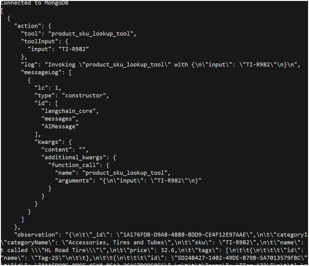 Partial console output shows the verbose output of the tool usage of the LangChain agent.