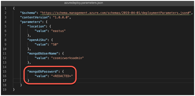 editing the azuredeploy.parameters.json file with mongoDBPassword parameter highlighted