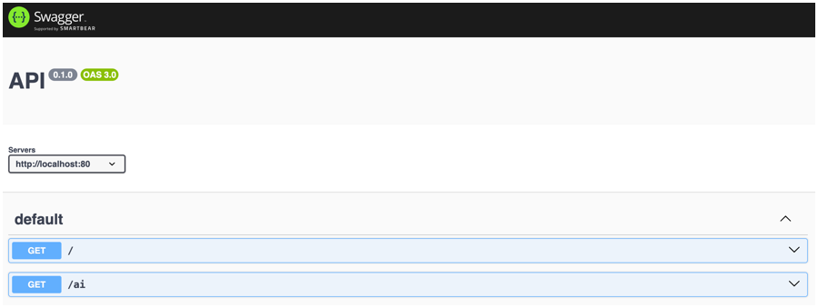 The Swagger UI displays for the locally running backend api