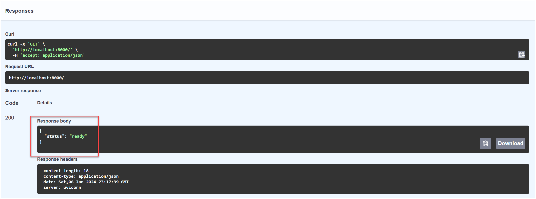 The Swagger UI displays the GET / Root endpoint reponse that has a status of ready.