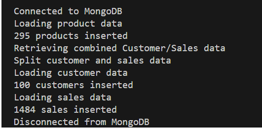 A console window displays indicating customers and sales have been inserted into the customers and sales collections