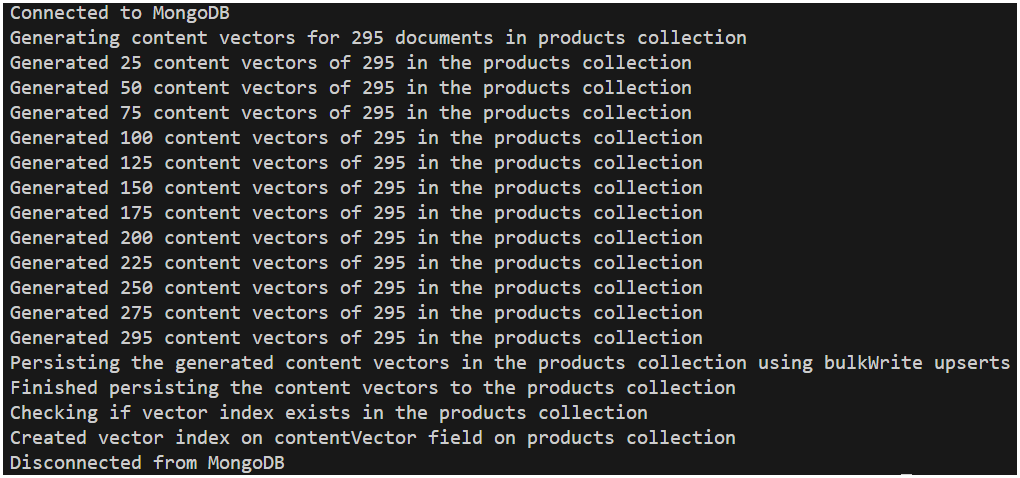 Console output displays the progress of vectorizing and storing the embeddings in each document.