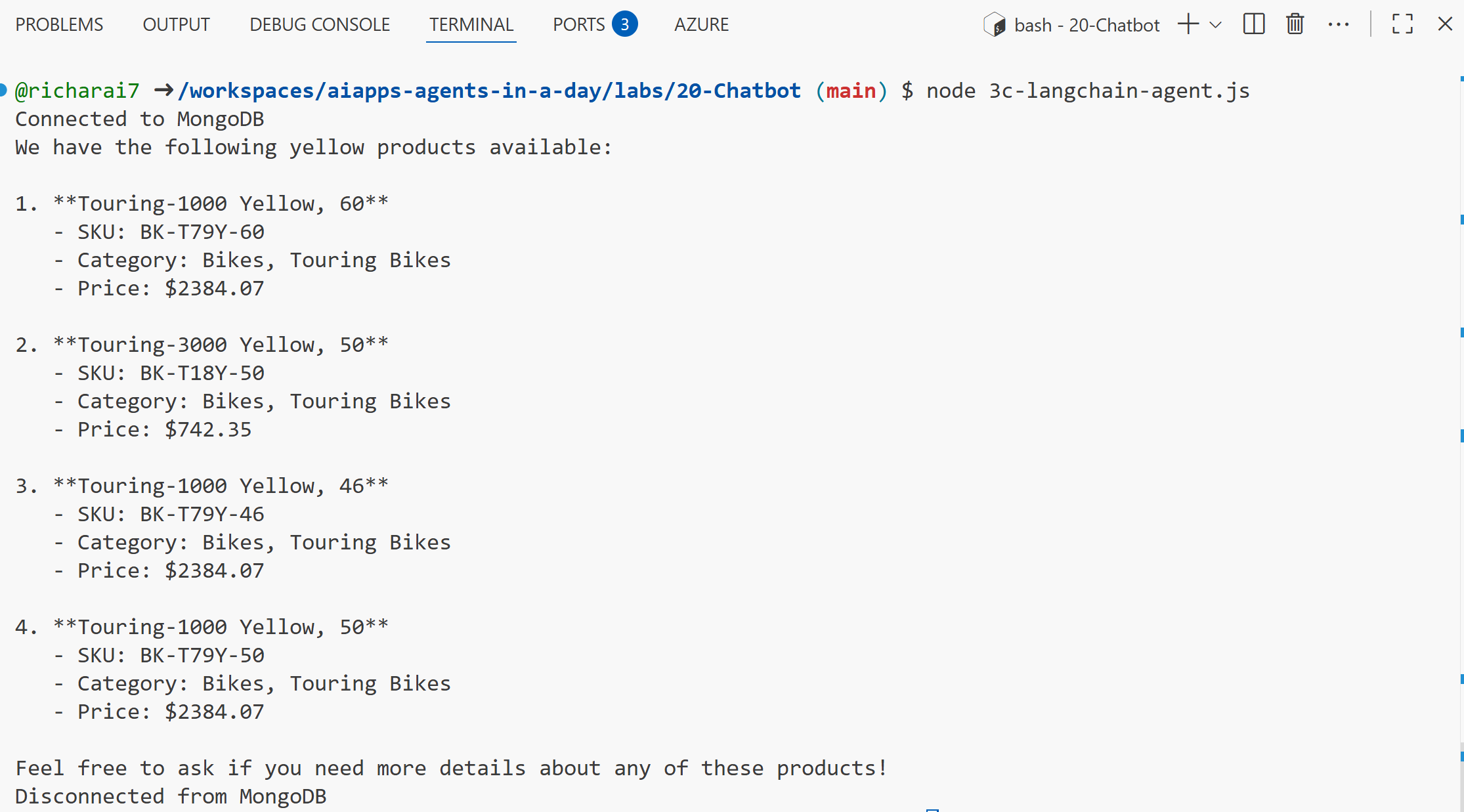 The console output shows the response from the LangChain agent based on the user input.