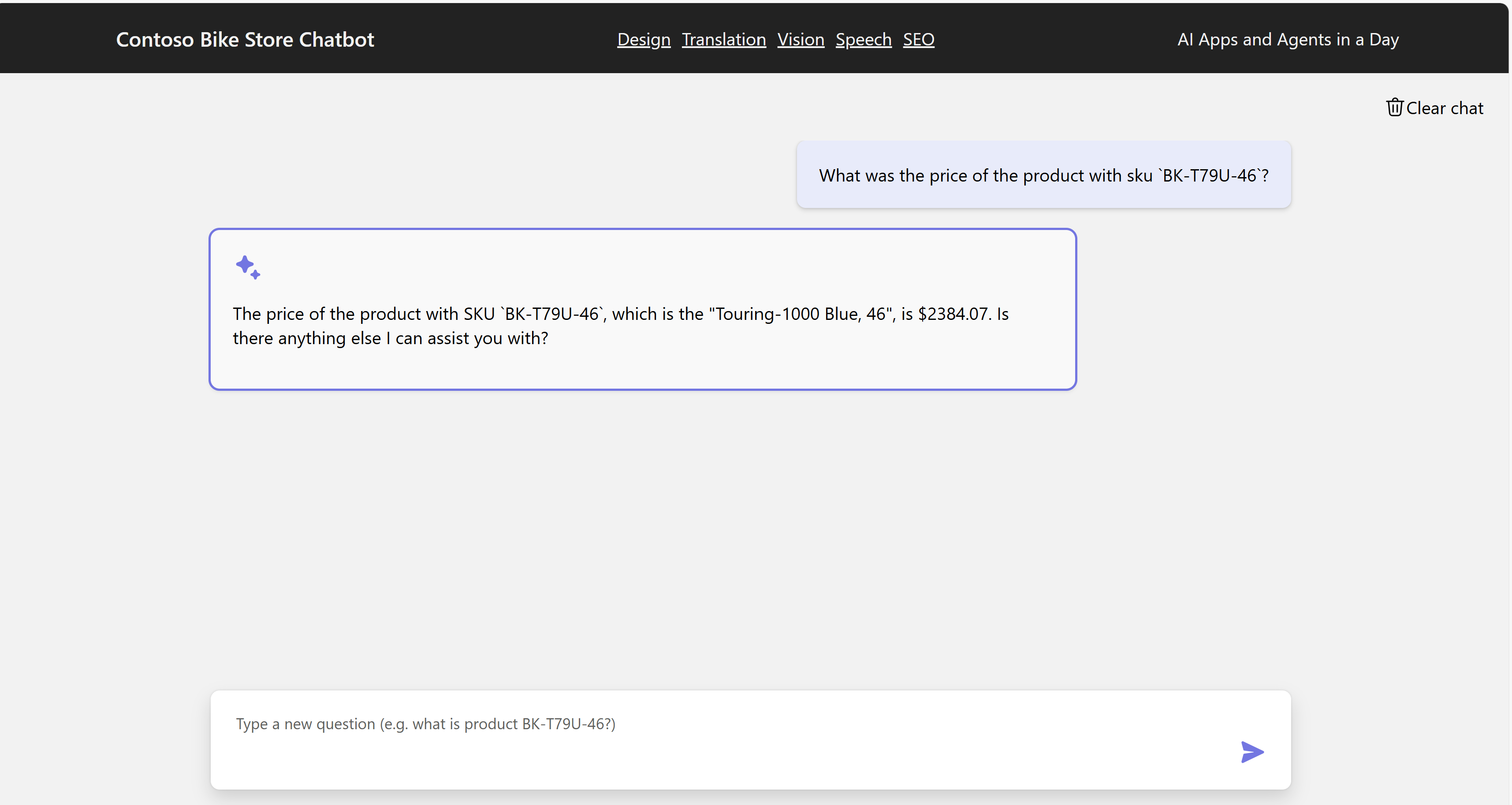 Chat user interface screenshot with question and generated answer displayed