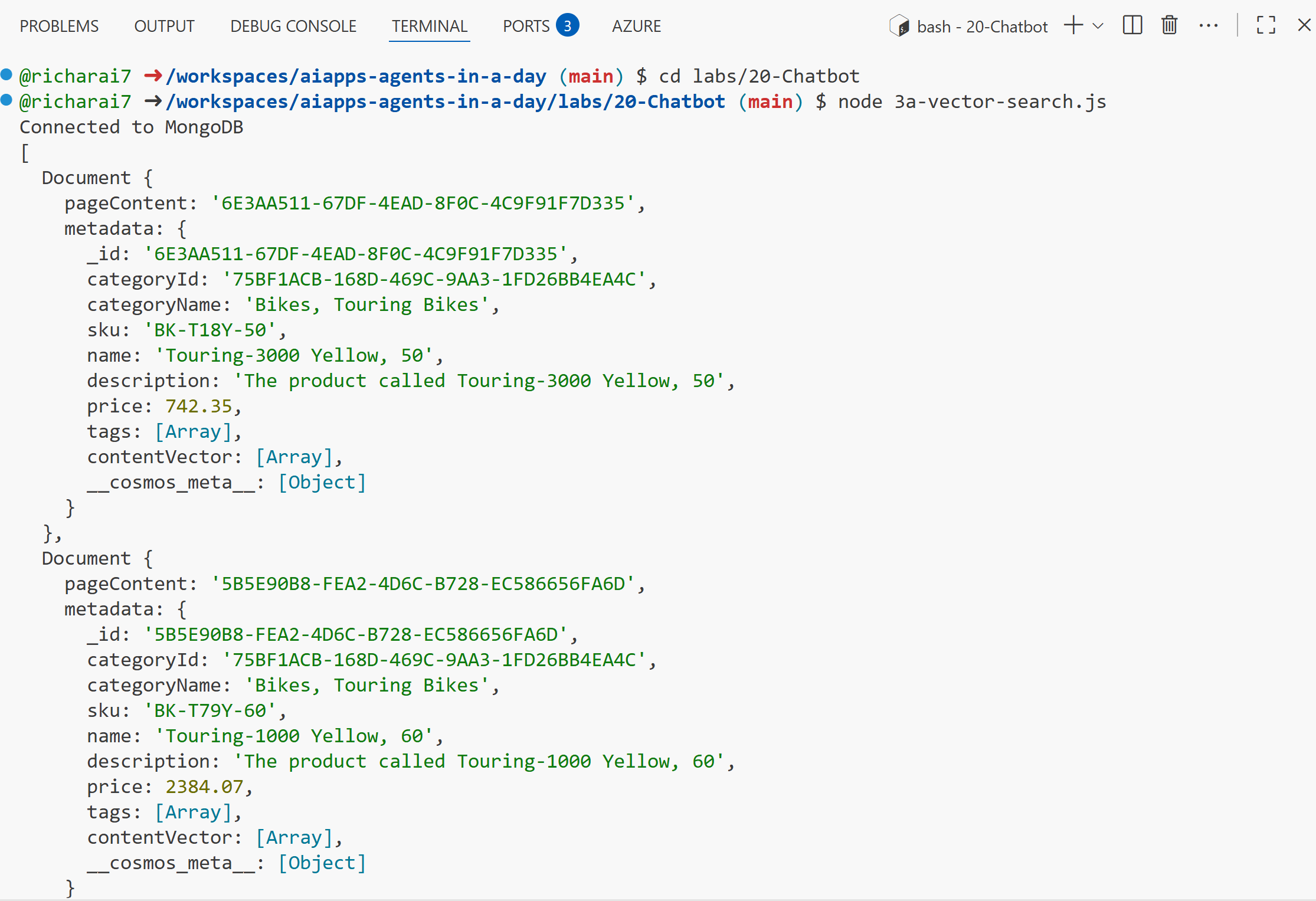 A portion of the console output shows search results with products that are similar to the user query.