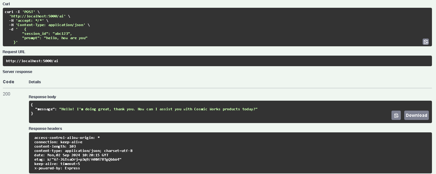 The Swagger UI displays the POST /ai endpoint response that has a status of ready.