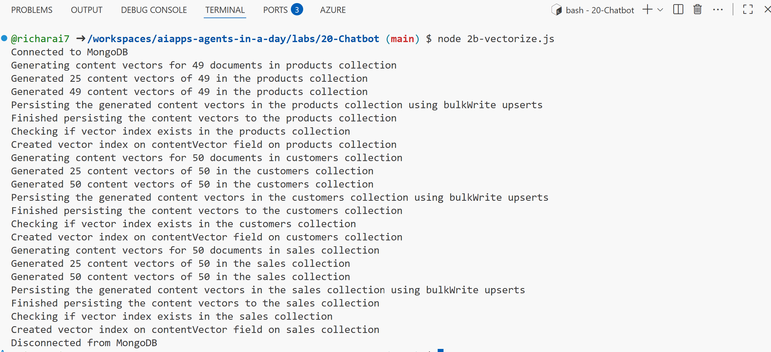 Console output displays the progress of vectorizing and storing the embeddings in each document.